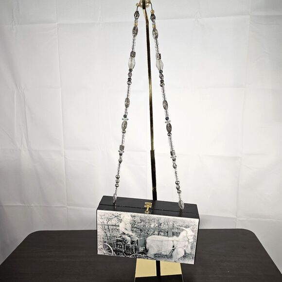 Vintage Handmade Cigar Box Purse with Beaded Strap Horse & Carriage Design - Picture 3 of 9